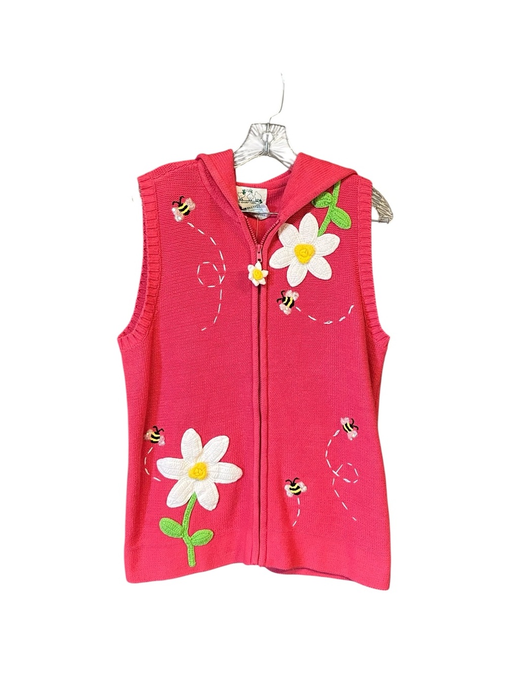The Quacker Factory Hooded Sweater Vest Women M Pink Bee Daisy NWT Zip